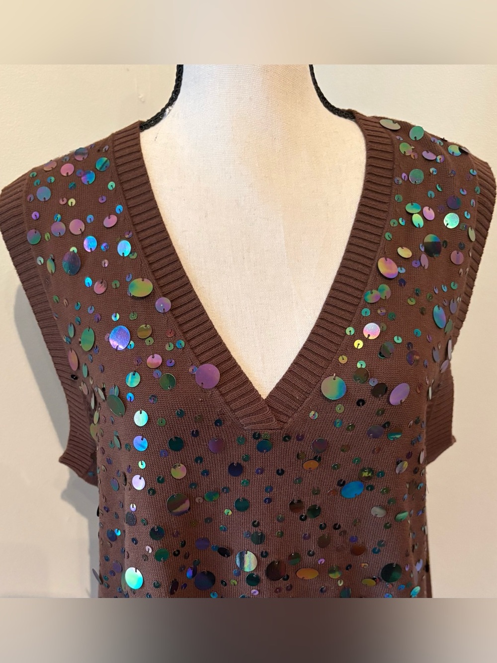 Lane Bryant multi-colored paillette sequin sweater vest Brown Size 14/16 - Picture 3 of 6